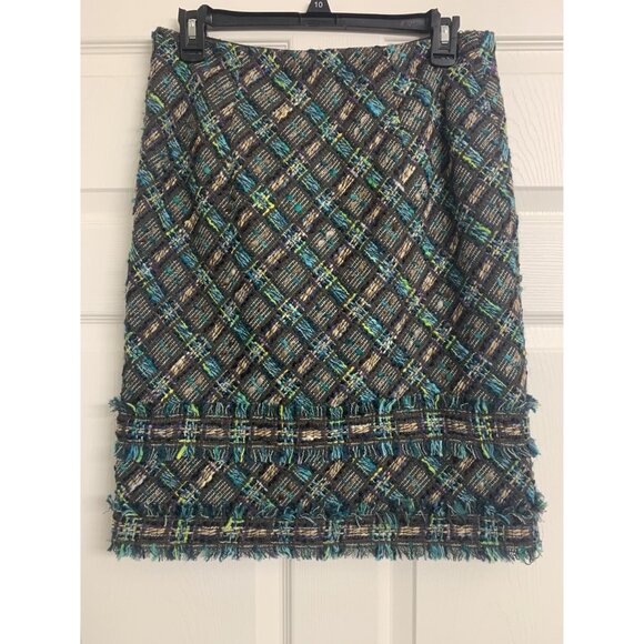 Per Se Woven Plaid Midi Skirt Gray Teal Wool Silk Blend Lined Size 4 - Picture 3 of 6